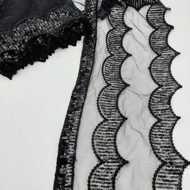 Black Net Scallop Lace Trim with Black Sequins, Sari Border, Embroidered Trim